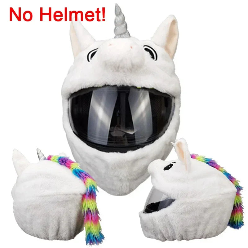 White cartoon plush helmet cover with a horn and a visor