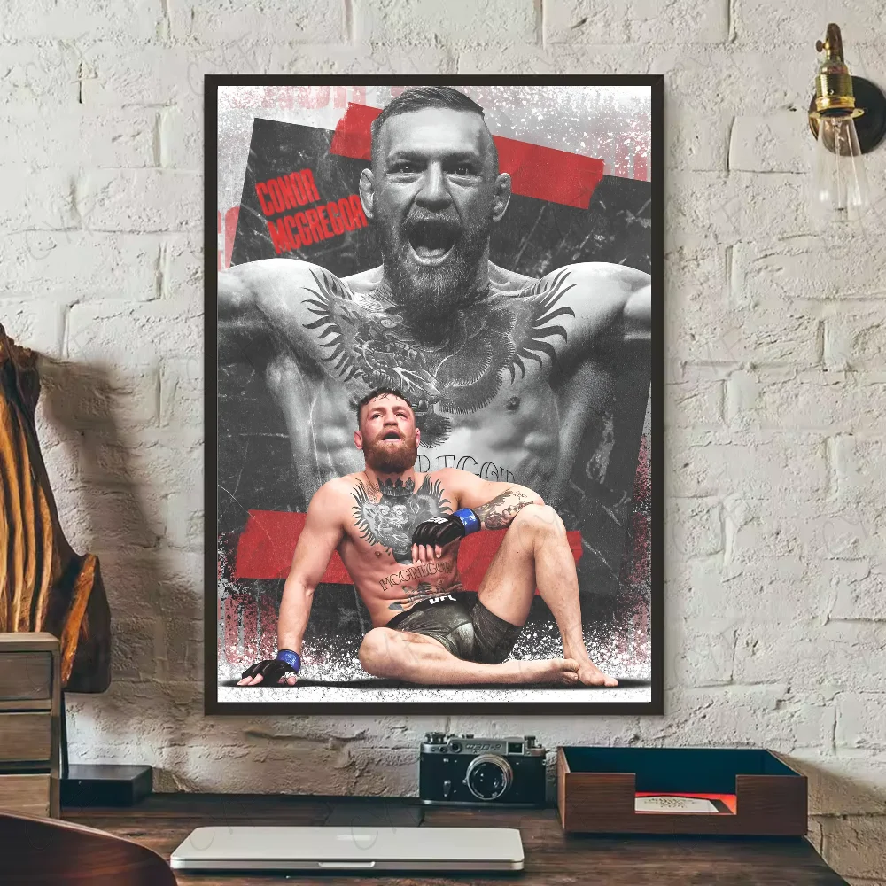 A canvas wall art print featuring a black and white photo of Conor McGregor in a boxing stance.