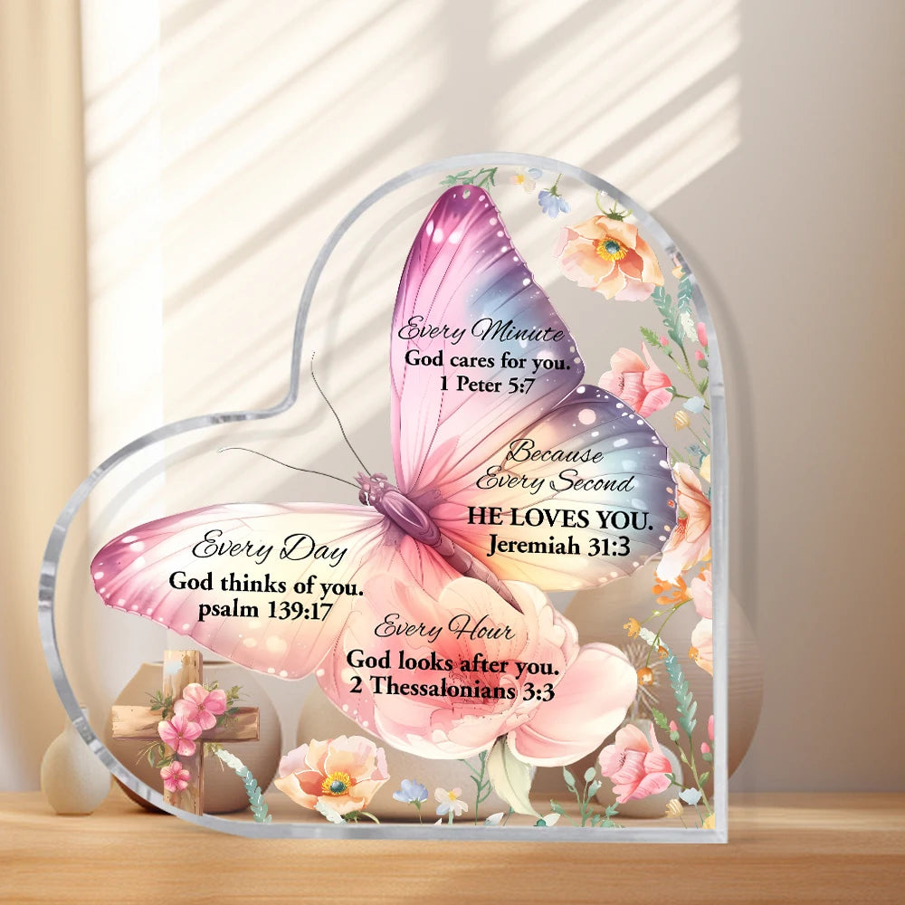 Inspirational heart-shaped acrylic desk decor featuring a pink and purple butterfly with Bible verses.