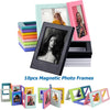 A collection of ten magnetic photo frames in various colors and designs.