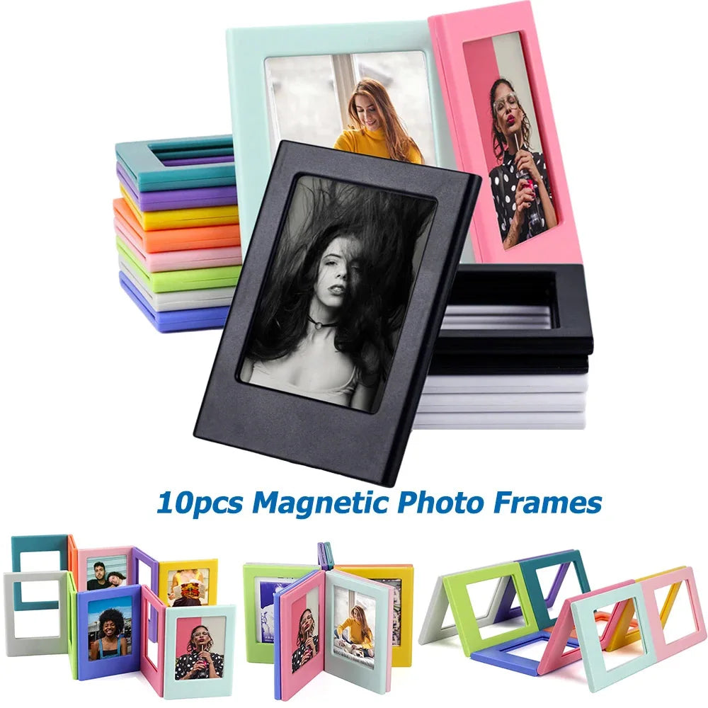 A collection of ten magnetic photo frames in various colors and designs.