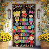 A colorful door banner featuring cartoon children learning and flowers decorating a doorway.