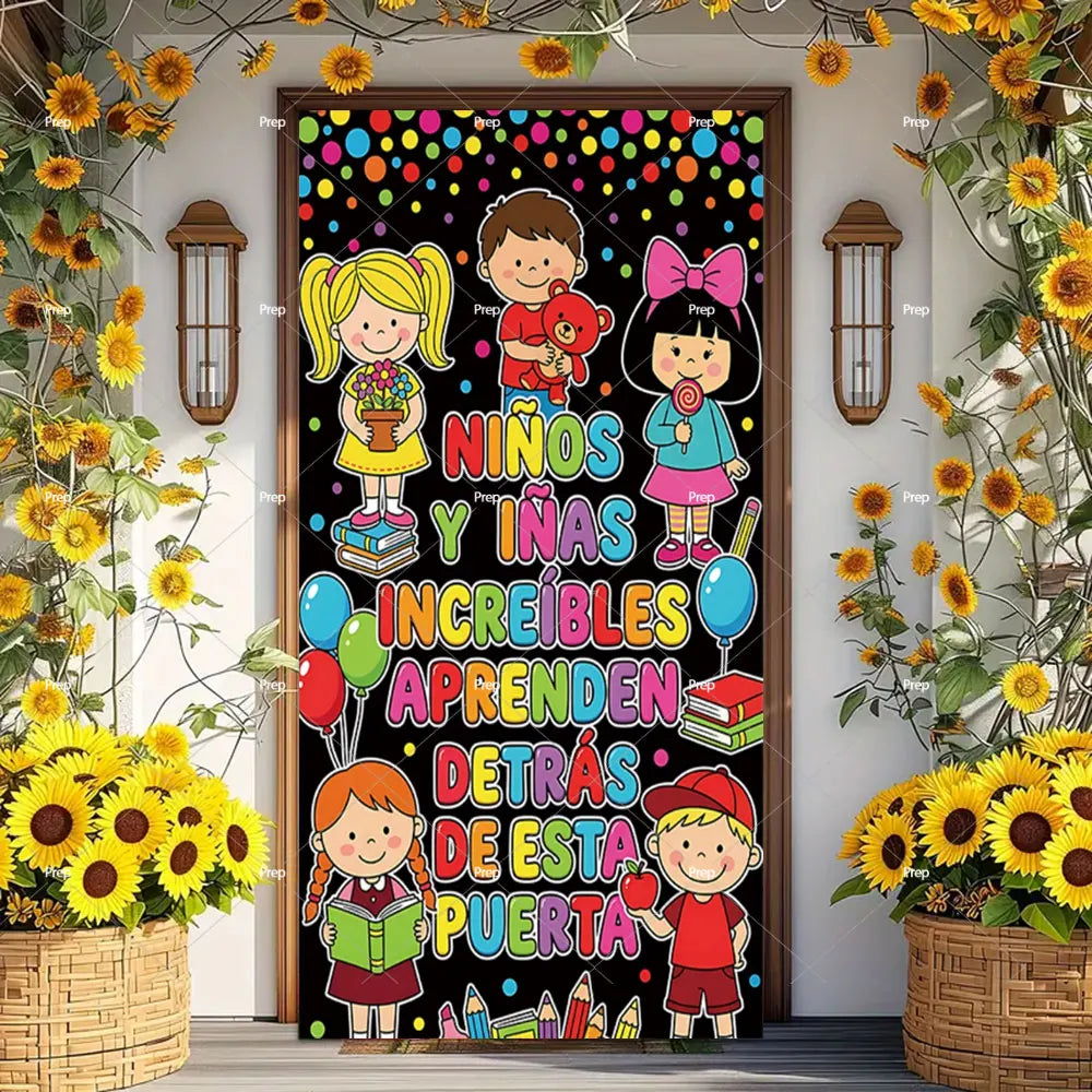 A colorful door banner featuring cartoon children learning and flowers decorating a doorway.