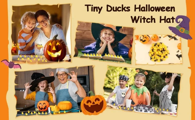 A collection of tiny ducks and a witch hat used for Halloween crafting and decoration.