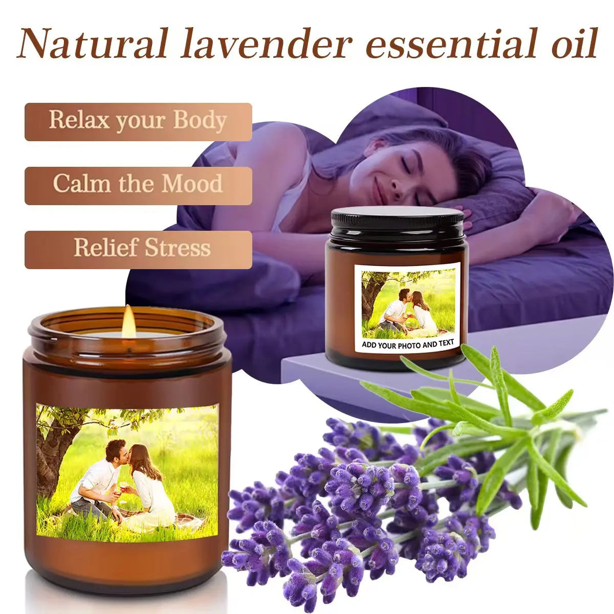 A jar of natural lavender essential oil next to a lit candle and a bunch of dried lavender flowers.
