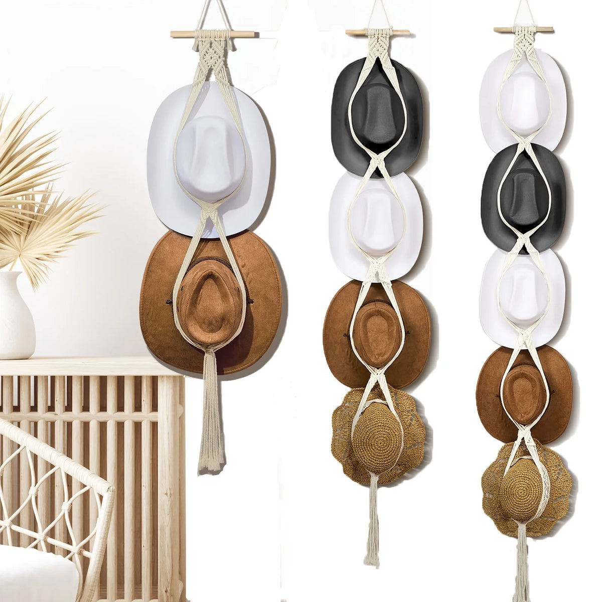 Three macrame bohemian hats hangers displayed against a white wall.