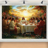 A tapestry depicting The Last Supper with Jesus and his disciples seated at a table during sunset overlooking a lake view.
