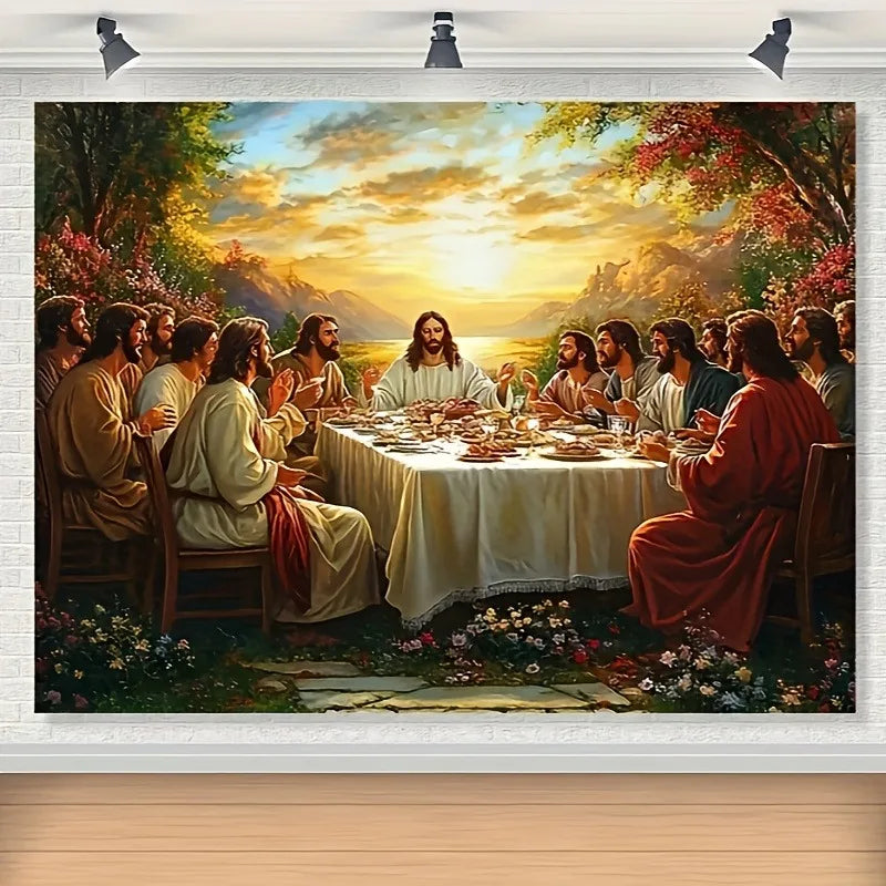 A tapestry depicting The Last Supper with Jesus and his disciples seated at a table during sunset overlooking a lake view.