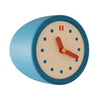 A round blue modern resin wall clock with a beige face and orange hands.