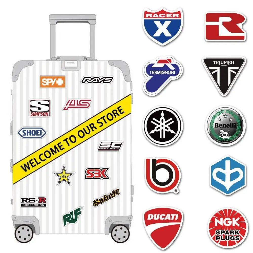 A collection of racing car graffiti stickers featuring various brands like Rays, Triumph, and Ducati.