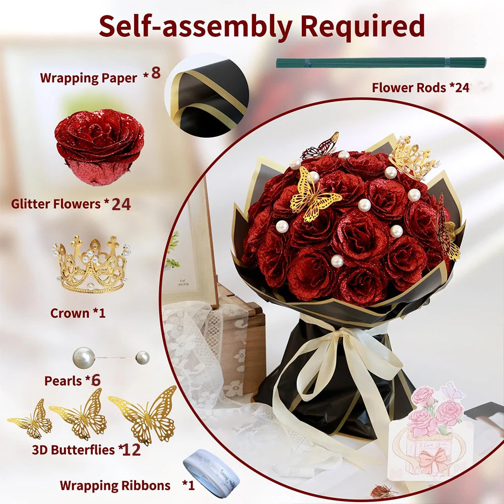 Self-assembly required kit for a red glitter roses bouquet featuring rose heads, flower rods, pearls, crowns, and butterflies