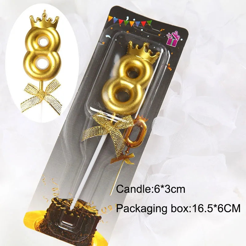 A gold crown number cake candle for birthdays and celebrations is shown with a packaging box.