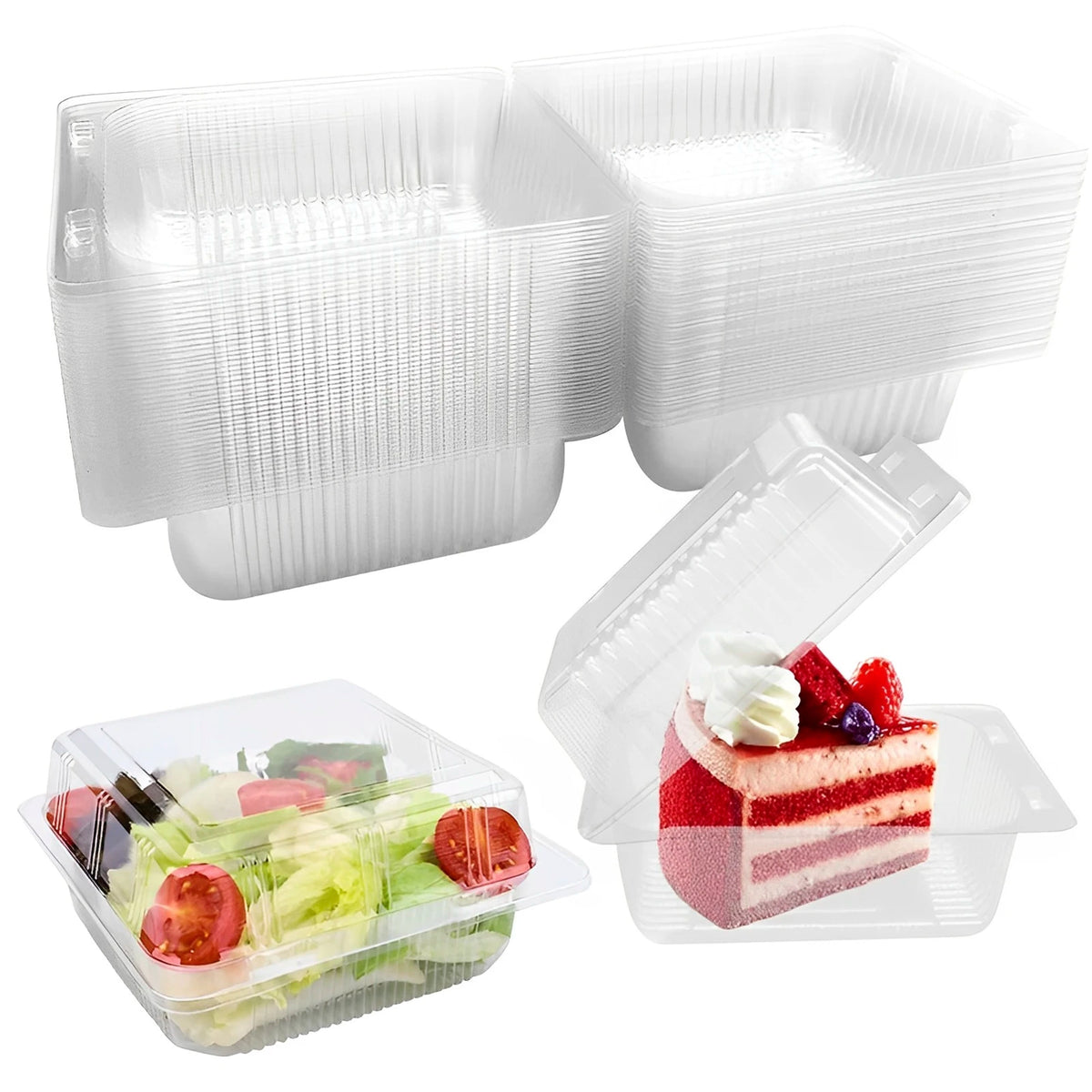 Clear reusable plastic containers shaped like triangles for storing and serving cake slices or food.