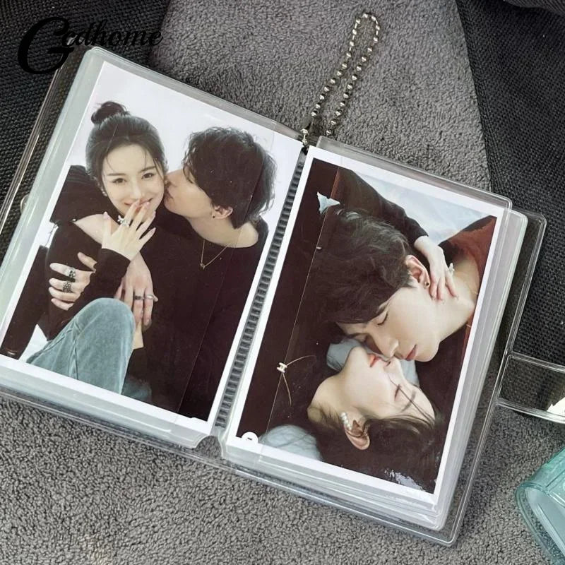 A clear photo album with two photos of a couple, featuring close-up portraits and affectionate poses.