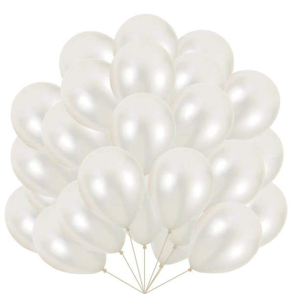 A bunch of white pearl latex balloons tied together for party decor.