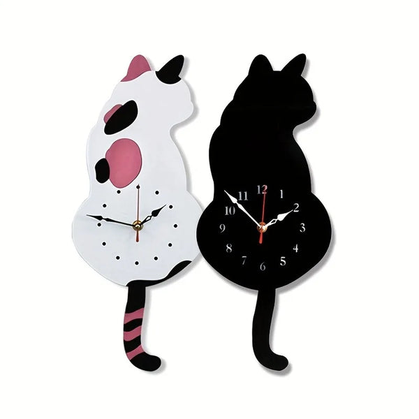 A whimsical black cat pendulum wall clock featuring a moving tail design.