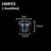 A set of 100 disposable clear plastic sauce cups with lids shown against a black background.