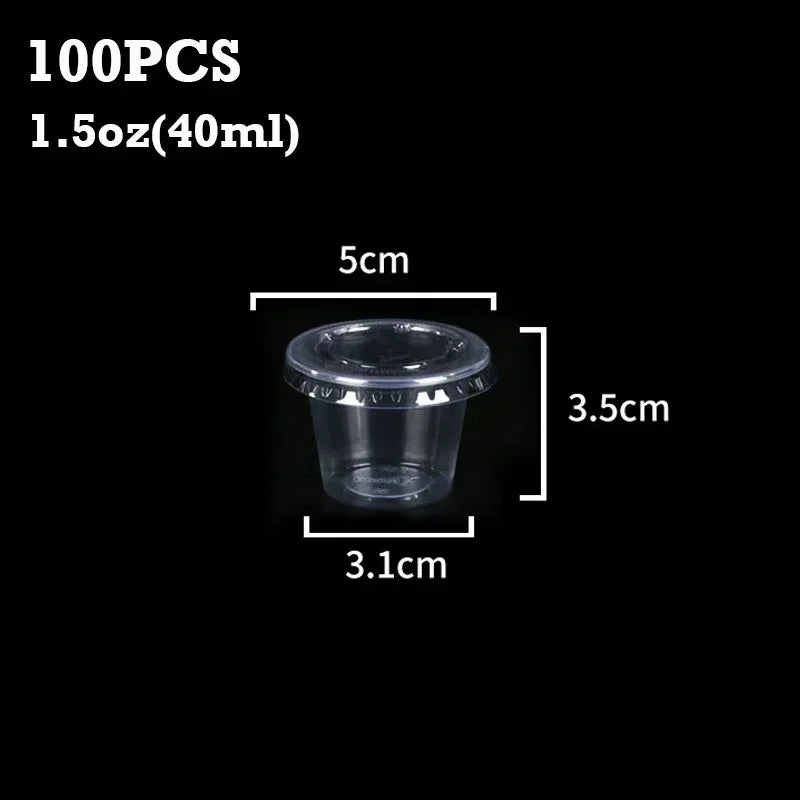 A set of 100 disposable clear plastic sauce cups with lids shown against a black background.