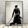 Black and white canvas wall art depicting a silhouette of a samurai with a sword against a light background.