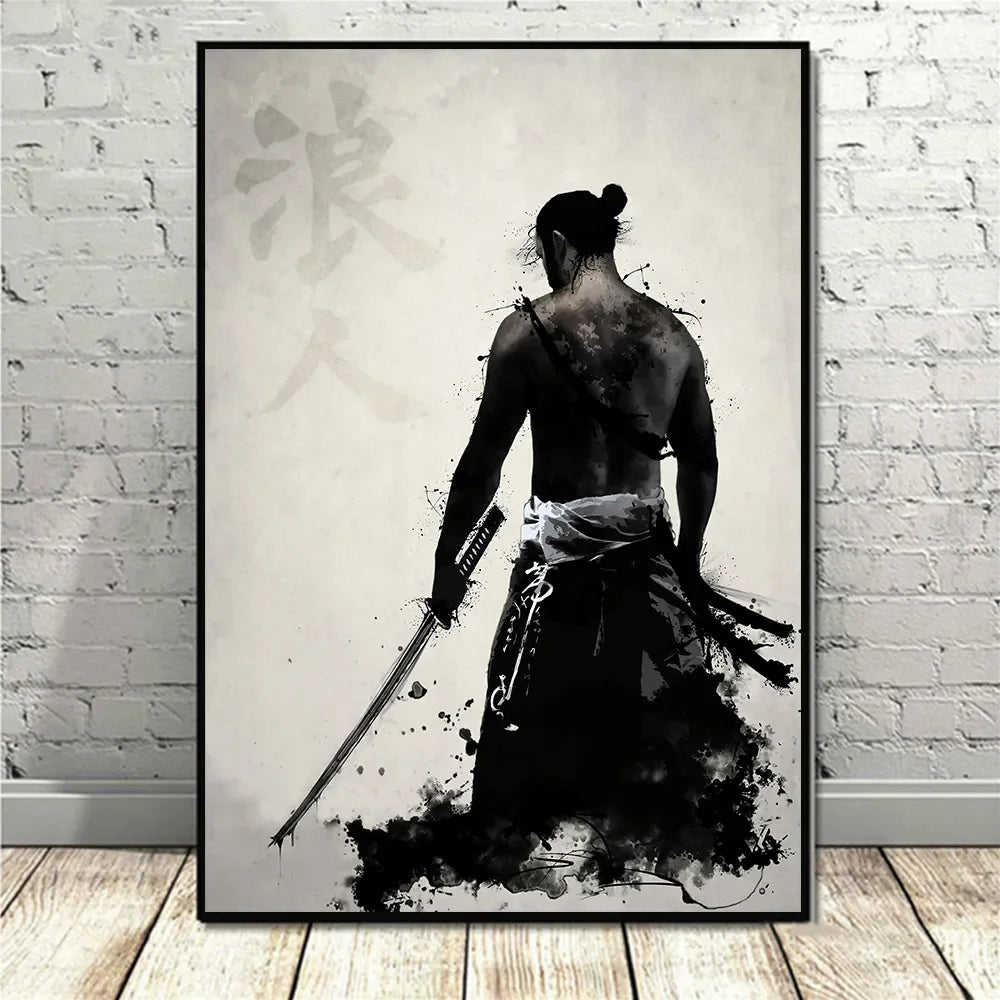Black and white canvas wall art depicting a silhouette of a samurai with a sword against a light background.