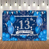 A blue and silver party backdrop banner featuring balloons, confetti, and fireworks for a birthday celebration.