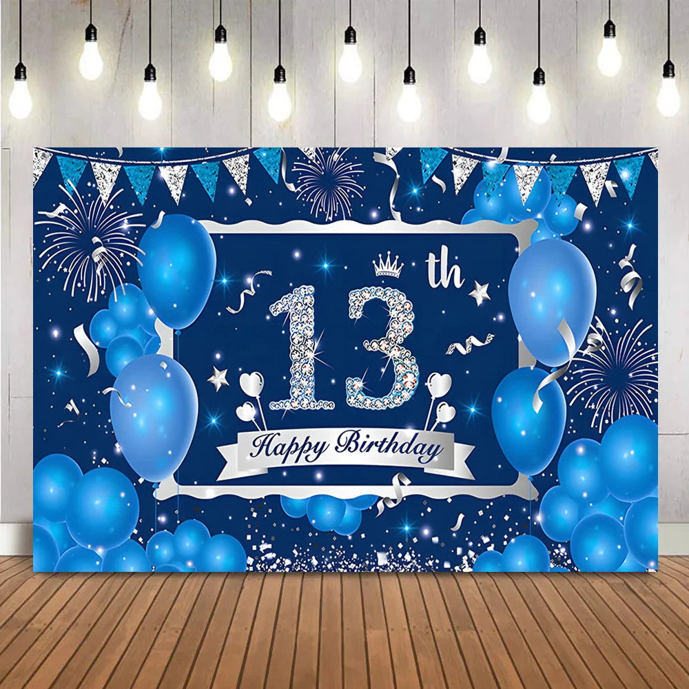 A blue and silver party backdrop banner featuring balloons, confetti, and fireworks for a birthday celebration.
