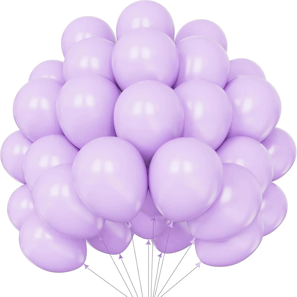 A bunch of pastel latex balloons in shades of blue, pink, and purple.