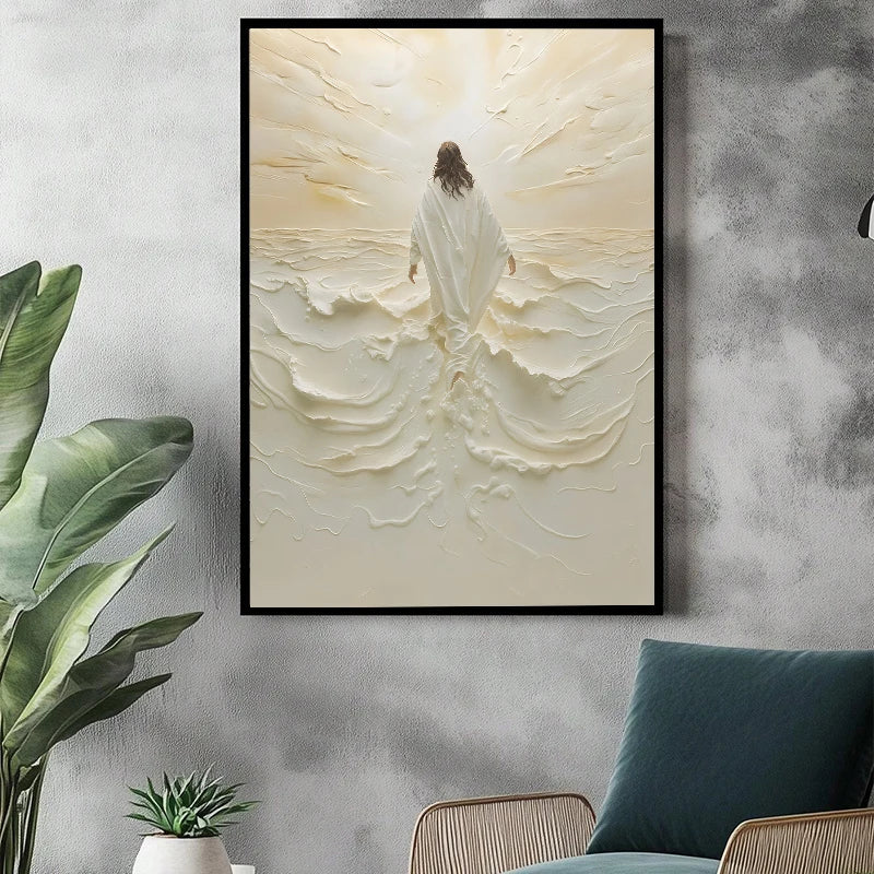 A canvas art print depicting Jesus walking on water with dramatic light and waves against a pale background.
