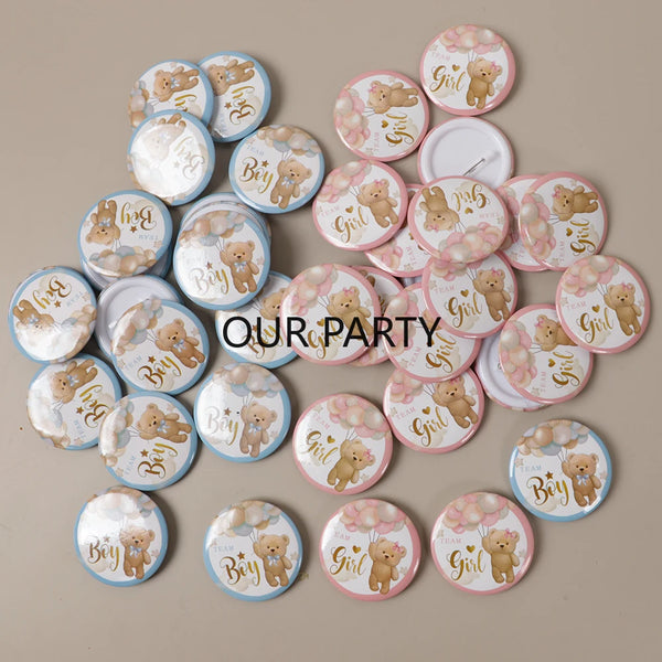 Cartoon Bear Team Pin Badges for Gender Reveal & Baby Shower Parties