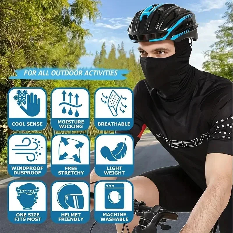 A man wearing a black breathable balaclava face mask and long neck cover for outdoor activities.