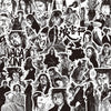 Collage aus schwarz-weißen Cartoon-Figuren und Charakteren für Aufkleber.