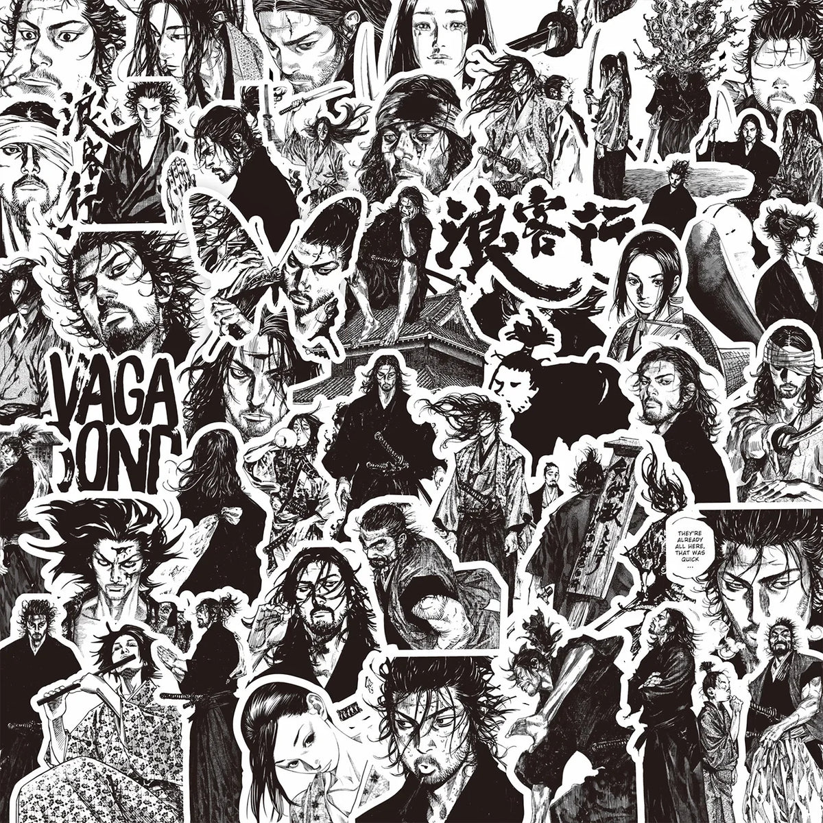 Collage aus schwarz-weißen Cartoon-Figuren und Charakteren für Aufkleber.