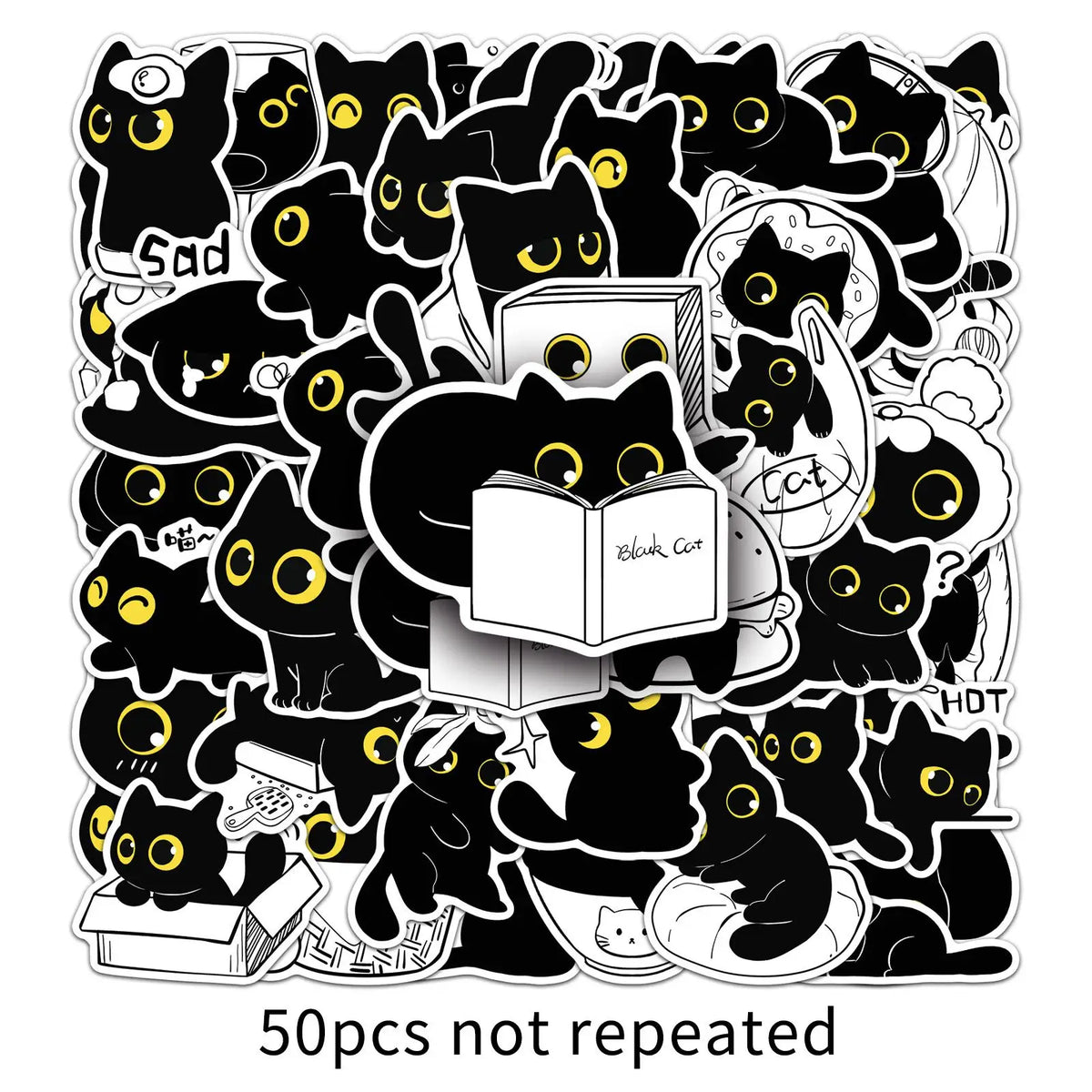 A collection of black cat stickers featuring various cute kitten graffiti designs and illustrations.
