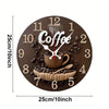 A round wooden wall clock with a coffee theme featuring a steaming cup, coffee beans, and Roman numerals.