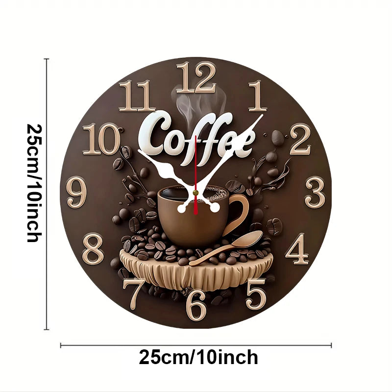 A round wooden wall clock with a coffee theme featuring a steaming cup, coffee beans, and Roman numerals.
