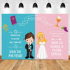 A light blue and pink faith-themed backdrop featuring text about First Communion and a girl in a white dress.