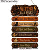 A set of 7 wooden wall signs featuring witchy autumn themes and fall rules for Halloween decor