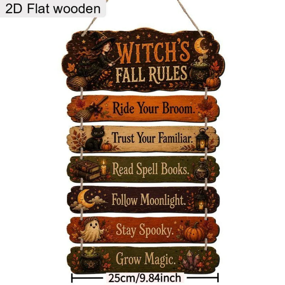 A set of 7 wooden wall signs featuring witchy autumn themes and fall rules for Halloween decor