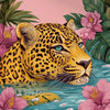 A close-up portrait of a leopard with floral elements and lush green foliage against a pink background.