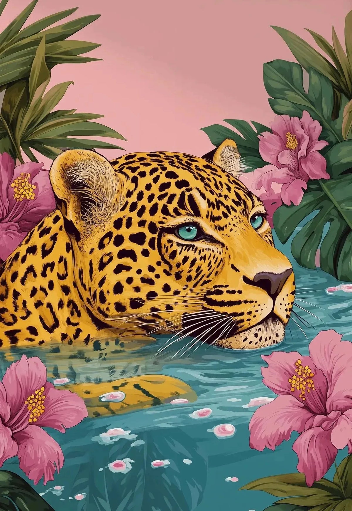 A close-up portrait of a leopard with floral elements and lush green foliage against a pink background.