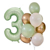Three foil balloons in olive green and gold colors shaped like the number 3