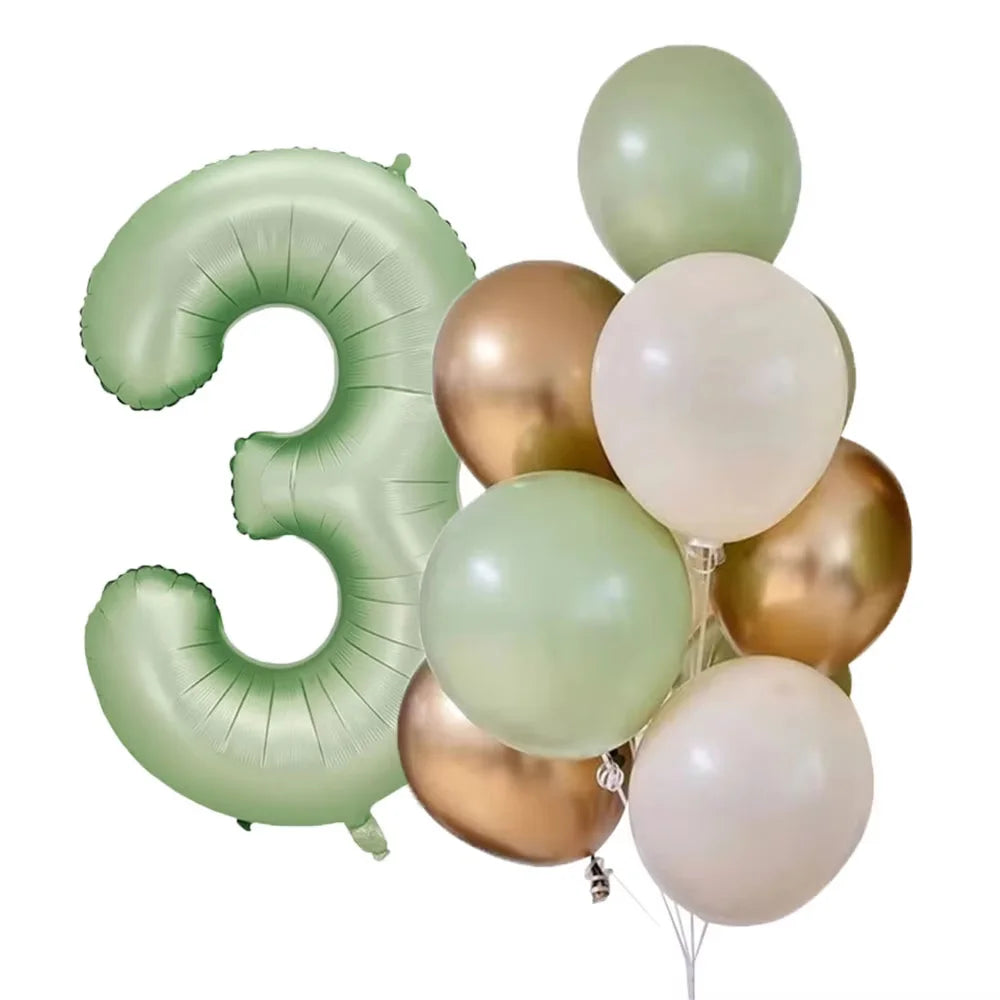 Three foil balloons in olive green and gold colors shaped like the number 3