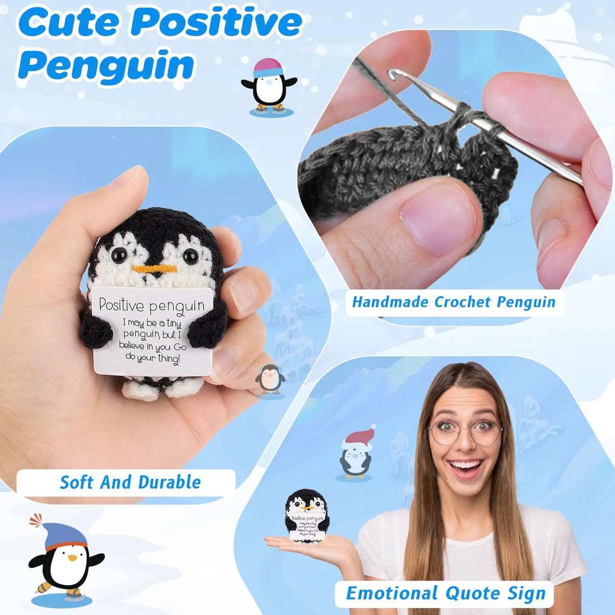 Handmade crochet penguin plush toy with an emotional quote sign