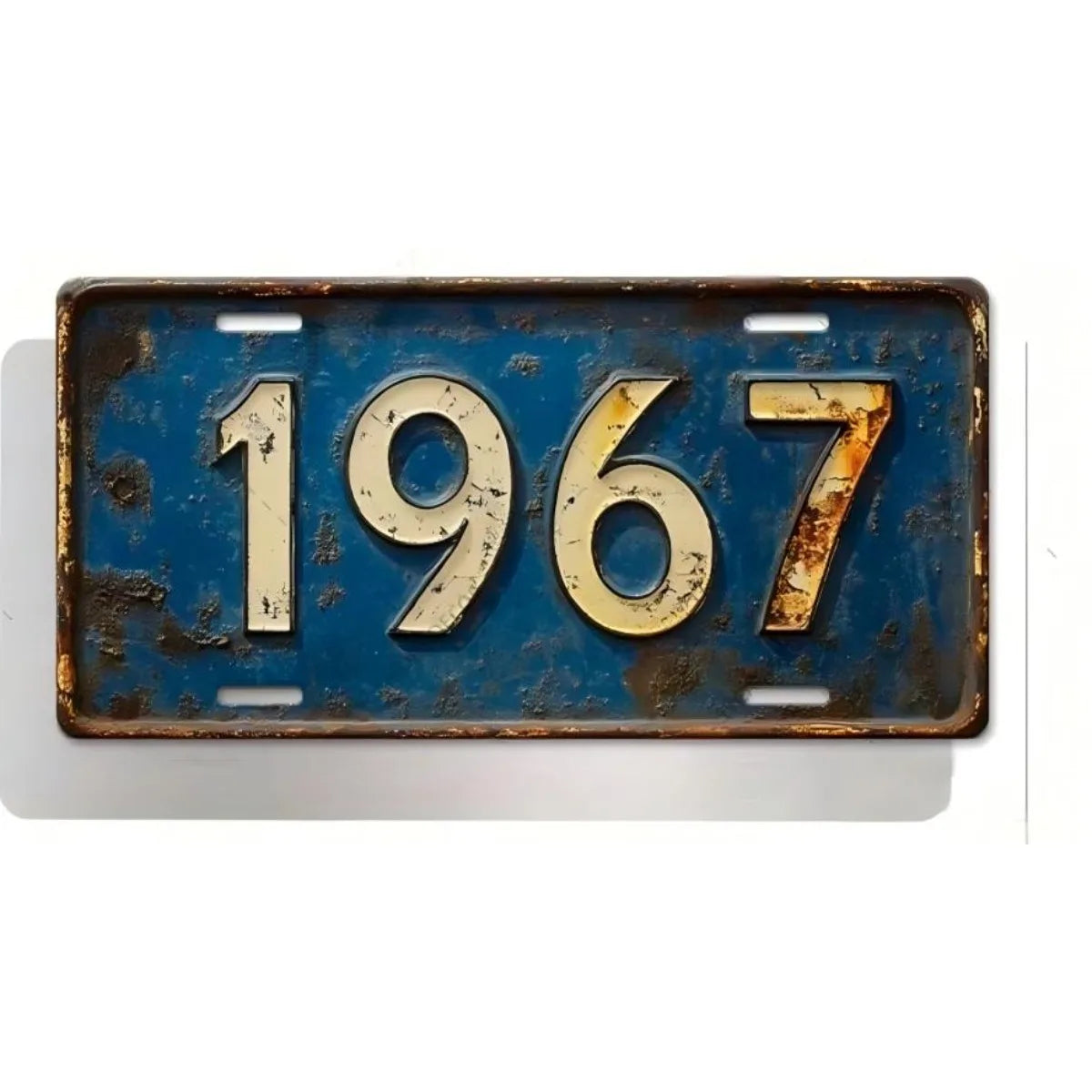 A vintage style aluminum license plate with the year 1967 embossed in gold on a blue background.