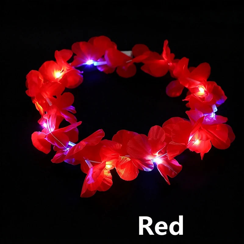 A crown made of red LED flowers with glowing lights against a black background.