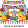 Banner set with 12 inch latex balloons and cake toppers featuring cartoon animals