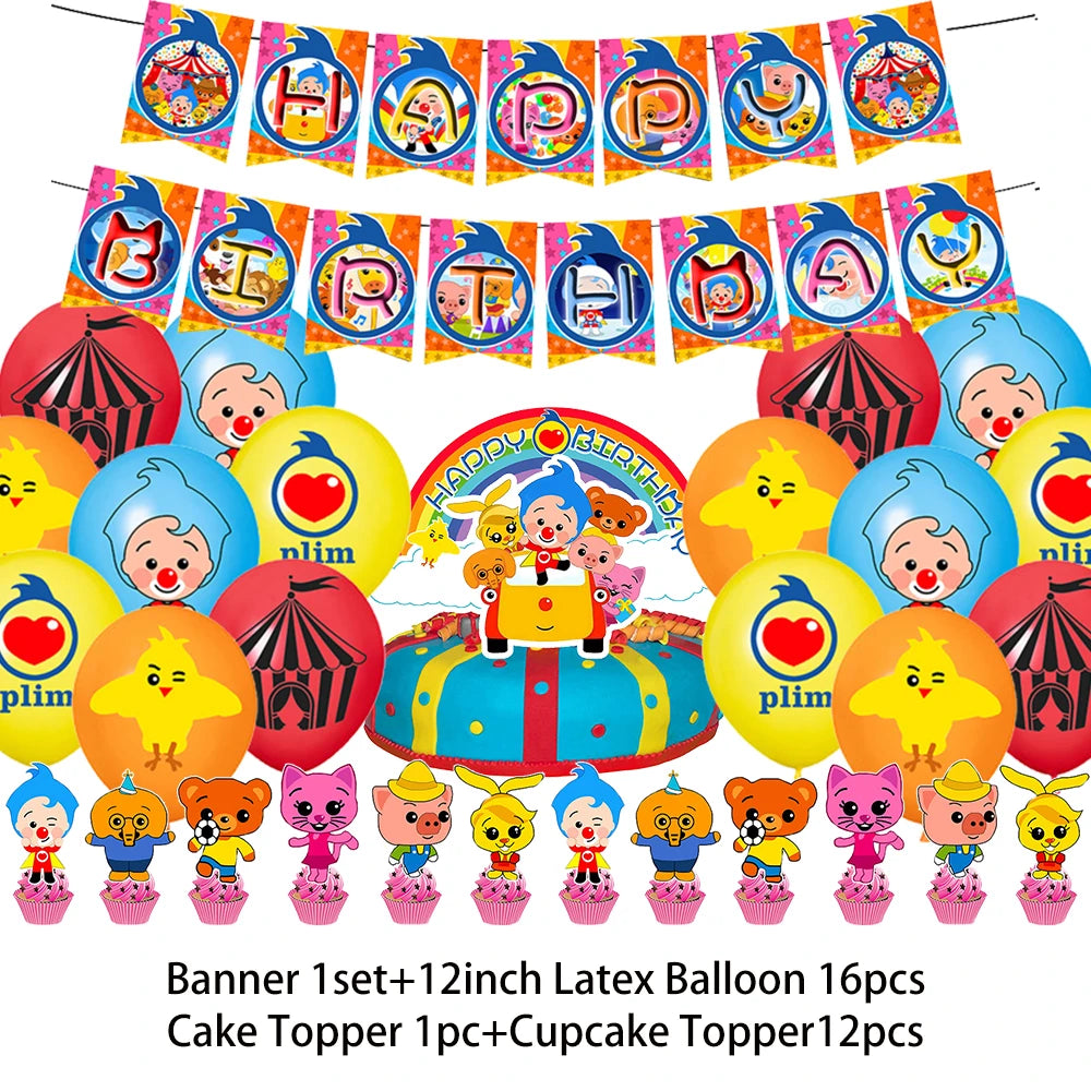 Banner set with 12 inch latex balloons and cake toppers featuring cartoon animals