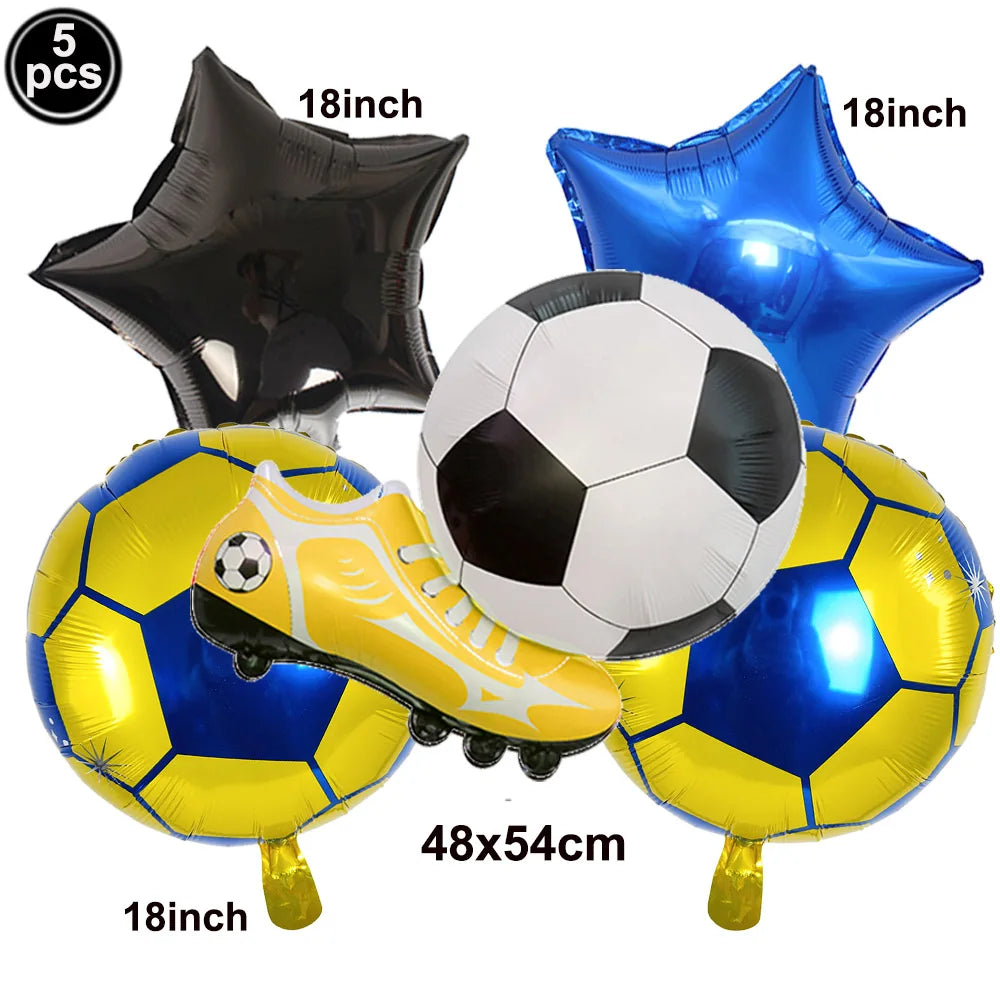 A set of five inflatable soccer balls and a football-themed boot balloon for party decoration