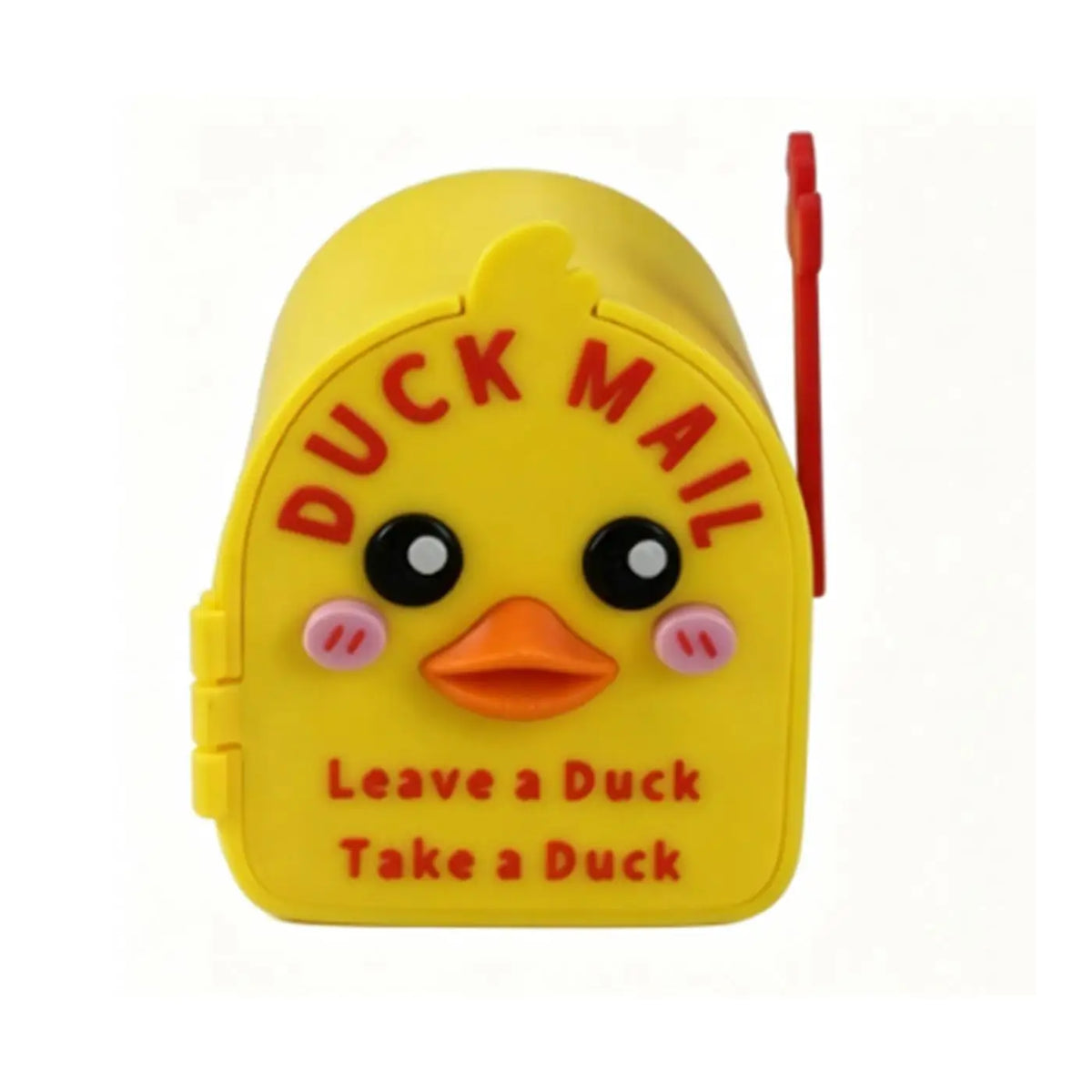 Yellow magnetic 3D printed mailbox shaped like a duck with the text Leave a Duck Take a Duck