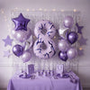 Purple and silver balloons forming the number 8 decorated with stars and draped with sheer fabric